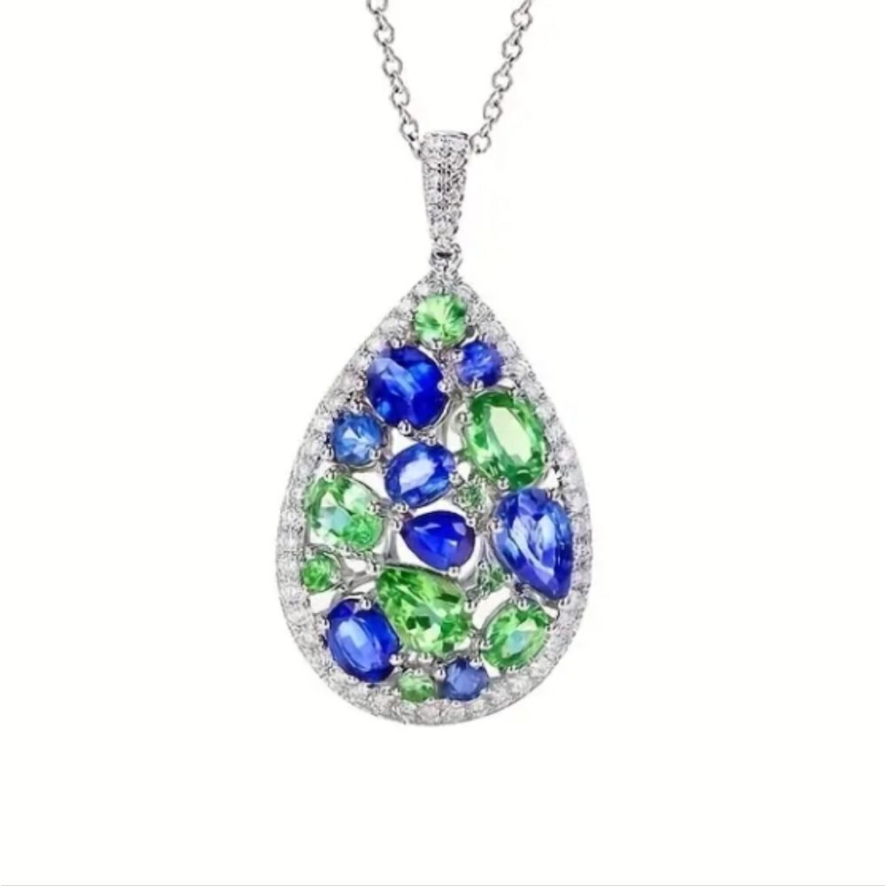 Luxurious Green Blue Diamond Tear Drop Pendant Necklace